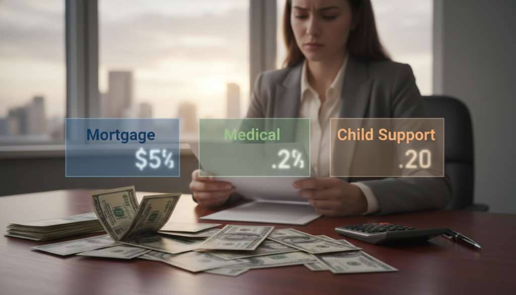 A balanced composition depicting the theme of "priority debts." In the foreground, a neatly organized stack of bills is laid out on a polished wooden table, with a calculator and pen beside it, symbolizing financial management. In the middle ground, blurred representations of varying dollar amounts for debts labeled "Mortgage," "Medical," and "Child Support" are subtly emphasized, showcasing priority debts that require immediate attention. In the background, a calming office space with warm lighting filters through a large window, creating a serene atmosphere. A professional figure in modest business attire sits in the scene, thoughtfully analyzing the documents, capturing the mood of focus and determination in a debt management setting. The overall composition invokes a sense of clarity and intentionality in financial decision-making. A balanced composition depicting the theme of "priority debts." In the foreground, a neatly organized stack of bills is laid out on a polished wooden table, with a calculator and pen beside it, symbolizing financial management. In the middle ground, blurred representations of varying dollar amounts for debts labeled "Mortgage," "Medical," and "Child Support" are subtly emphasized, showcasing priority debts that require immediate attention. In the background, a calming office space with warm lighting filters through a large window, creating a serene atmosphere. A professional figure in modest business attire sits in the scene, thoughtfully analyzing the documents, capturing the mood of focus and determination in a debt management setting. The overall composition invokes a sense of clarity and intentionality in financial decision-making.