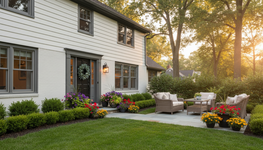 A beautifully landscaped suburban home, showcasing freshly painted exterior walls and vibrant flowers lining the walkway. In the foreground, a well-maintained lawn with a manicured hedge and outdoor furniture arranged invitingly on a patio. The middle ground features the front door, adorned with a stylish wreath, and a welcoming porch light casting a warm glow as the sun sets. In the background, tall trees sway gently in a peaceful neighborhood, with soft golden light illuminating the scene. The atmosphere is serene and uplifting, evoking a sense of value and appeal. Capture this scene with a slight upward angle from the front yard, utilizing natural lighting to highlight the home’s features and enhance the overall impression of increased home value. A beautifully landscaped suburban home, showcasing freshly painted exterior walls and vibrant flowers lining the walkway. In the foreground, a well-maintained lawn with a manicured hedge and outdoor furniture arranged invitingly on a patio. The middle ground features the front door, adorned with a stylish wreath, and a welcoming porch light casting a warm glow as the sun sets. In the background, tall trees sway gently in a peaceful neighborhood, with soft golden light illuminating the scene. The atmosphere is serene and uplifting, evoking a sense of value and appeal. Capture this scene with a slight upward angle from the front yard, utilizing natural lighting to highlight the home’s features and enhance the overall impression of increased home value.