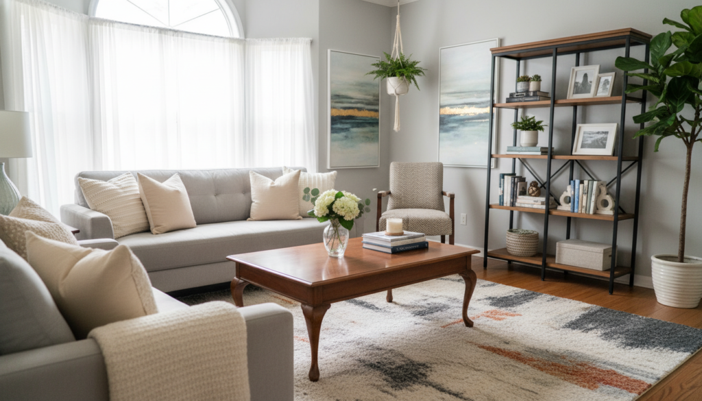 A beautifully staged living room designed for a home sale, showcasing a harmonious blend of contemporary and classic furniture. In the foreground, a stylish sofa adorned with neutral-toned cushions and a sleek coffee table with a decorative centerpiece. The middle ground features a well-arranged bookshelf and an elegant area rug that adds warmth and texture. In the background, a large window lets in soft, natural light, illuminating the space and creating an inviting atmosphere. The walls are painted in a light, airy color, adorned with tasteful artwork and plants that enhance the cozy yet refined feel. The scene captures a welcoming mood, emphasizing the appeal of staging for potential buyers. The image should be bright, using soft lighting to create an inviting ambiance, with a slight depth of field to highlight the staged elements. A beautifully staged living room designed for a home sale, showcasing a harmonious blend of contemporary and classic furniture. In the foreground, a stylish sofa adorned with neutral-toned cushions and a sleek coffee table with a decorative centerpiece. The middle ground features a well-arranged bookshelf and an elegant area rug that adds warmth and texture. In the background, a large window lets in soft, natural light, illuminating the space and creating an inviting atmosphere. The walls are painted in a light, airy color, adorned with tasteful artwork and plants that enhance the cozy yet refined feel. The scene captures a welcoming mood, emphasizing the appeal of staging for potential buyers. The image should be bright, using soft lighting to create an inviting ambiance, with a slight depth of field to highlight the staged elements.