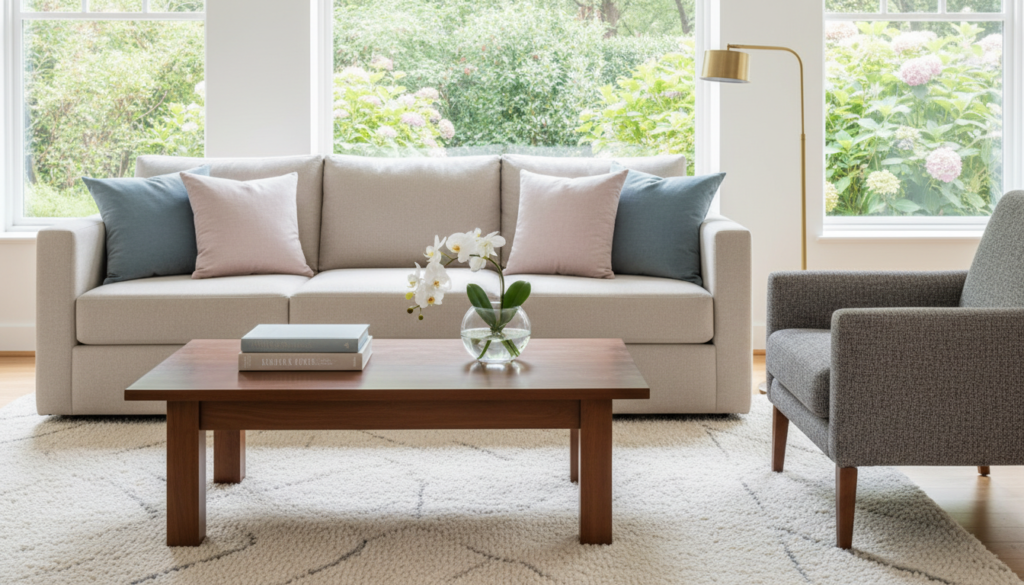 A beautifully staged living room that exemplifies effective home staging. In the foreground, a sleek coffee table sits on a plush area rug, adorned with a few decorative books and a small vase of fresh flowers. The middle of the image features a stylish sofa, dressed in neutral tones, flanked by artfully arranged cushions in soft pastels. To the right, a modern armchair complements the seating arrangement, and a chic lamp casts a warm glow. In the background, large windows let in abundant natural light, showcasing a view of a serene garden. The decor is minimal yet inviting, creating a warm and welcoming atmosphere that highlights the purpose of home staging. The lighting is soft and bright, captured from a slightly elevated angle for an expansive view. A beautifully staged living room that exemplifies effective home staging. In the foreground, a sleek coffee table sits on a plush area rug, adorned with a few decorative books and a small vase of fresh flowers. The middle of the image features a stylish sofa, dressed in neutral tones, flanked by artfully arranged cushions in soft pastels. To the right, a modern armchair complements the seating arrangement, and a chic lamp casts a warm glow. In the background, large windows let in abundant natural light, showcasing a view of a serene garden. The decor is minimal yet inviting, creating a warm and welcoming atmosphere that highlights the purpose of home staging. The lighting is soft and bright, captured from a slightly elevated angle for an expansive view.