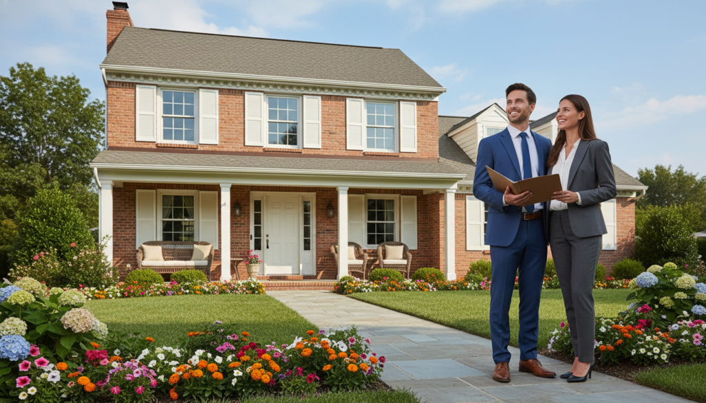 A beautifully staged real estate listing showcasing a cozy suburban home. In the foreground, a well-manicured lawn with vibrant flowers and a welcoming pathway leads to the front door. In the middle, the charming two-story house features a classic design with a red brick facade, white shutters, and a cozy porch with stylish outdoor furniture. The background includes a clear blue sky and soft, fluffy clouds, providing a bright and inviting atmosphere. Natural sunlight illuminates the scene, casting gentle shadows. The image includes a modest, professional couple dressed in business attire, standing together with a folder of property documents, smiling as they admire the home. Capture the inviting essence of finding one’s perfect residence. A beautifully staged real estate listing showcasing a cozy suburban home. In the foreground, a well-manicured lawn with vibrant flowers and a welcoming pathway leads to the front door. In the middle, the charming two-story house features a classic design with a red brick facade, white shutters, and a cozy porch with stylish outdoor furniture. The background includes a clear blue sky and soft, fluffy clouds, providing a bright and inviting atmosphere. Natural sunlight illuminates the scene, casting gentle shadows. The image includes a modest, professional couple dressed in business attire, standing together with a folder of property documents, smiling as they admire the home. Capture the inviting essence of finding one’s perfect residence.