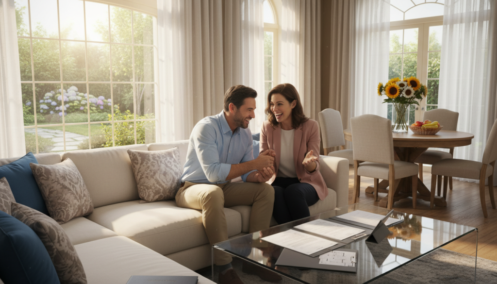 A bright, inviting living room in a stylishly furnished resale home, featuring a cozy couch, elegant décor, and natural light flowing through large windows. In the foreground, a professional couple, dressed in business casual attire, discusses documents related to home purchases, showcasing their excitement and optimism. The middle-ground includes a small dining area with a cheerful ambiance, displaying a vase of fresh flowers and a bowl of fruit, symbolizing the comfort of home. In the background, subtle hints of a well-maintained garden can be seen through the windows, enhancing the ambiance. The lighting is warm and soft, casting gentle shadows, creating a welcoming and financially beneficial atmosphere. The overall mood is positive and encouraging, emphasizing the advantages of buying existing properties. A bright, inviting living room in a stylishly furnished resale home, featuring a cozy couch, elegant décor, and natural light flowing through large windows. In the foreground, a professional couple, dressed in business casual attire, discusses documents related to home purchases, showcasing their excitement and optimism. The middle-ground includes a small dining area with a cheerful ambiance, displaying a vase of fresh flowers and a bowl of fruit, symbolizing the comfort of home. In the background, subtle hints of a well-maintained garden can be seen through the windows, enhancing the ambiance. The lighting is warm and soft, casting gentle shadows, creating a welcoming and financially beneficial atmosphere. The overall mood is positive and encouraging, emphasizing the advantages of buying existing properties.