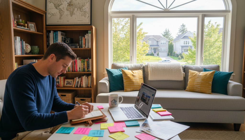 A bright, inviting room is set up as a home office, with an organized desk featuring a laptop, notepad, and real estate brochures. In the foreground, a focused individual, dressed in smart casual attire, is making notes, surrounded by colorful sticky notes and a coffee cup. In the middle ground, a cozy couch with a throw blanket and decorative pillows invites relaxation, while a large window floods the room with natural light, showcasing a tree-lined street outside. The background has a bookshelf filled with home design books and a world map. The atmosphere is warm and encouraging, conveying a sense of preparation and inspiration for a home search. The lighting is soft and natural, emphasizing a comfortable and productive environment. A bright, inviting room is set up as a home office, with an organized desk featuring a laptop, notepad, and real estate brochures. In the foreground, a focused individual, dressed in smart casual attire, is making notes, surrounded by colorful sticky notes and a coffee cup. In the middle ground, a cozy couch with a throw blanket and decorative pillows invites relaxation, while a large window floods the room with natural light, showcasing a tree-lined street outside. The background has a bookshelf filled with home design books and a world map. The atmosphere is warm and encouraging, conveying a sense of preparation and inspiration for a home search. The lighting is soft and natural, emphasizing a comfortable and productive environment.