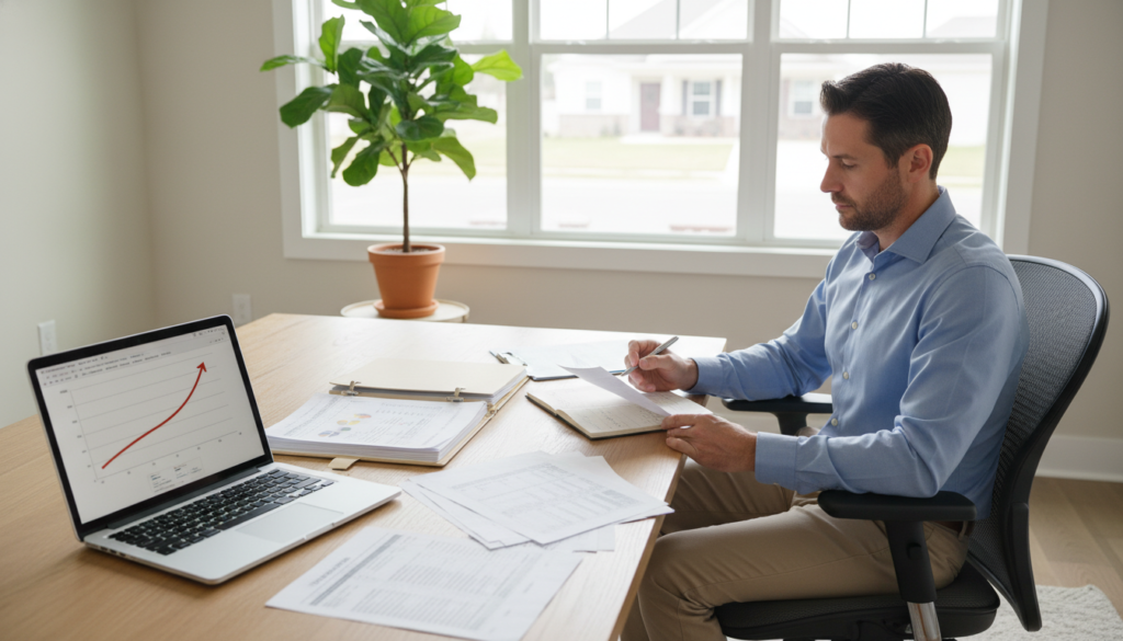 A bright, modern home office scene filled with financial documents and credit score reports scattered over an elegant wooden desk. In the foreground, a laptop displays a credit score graph, with an upward trend, symbolizing financial readiness. To the right, a professional-looking individual, dressed in smart casual attire, is analyzing the documents thoughtfully, exuding a sense of focus and determination. In the middle ground, a green, indoor plant adds a touch of warmth and liveliness. The background features a large window with soft, natural light streaming in, creating a welcoming atmosphere. The overall mood is one of optimism, readiness, and professionalism, suitable for first-time homebuyers preparing to assess their financial status. A bright, modern home office scene filled with financial documents and credit score reports scattered over an elegant wooden desk. In the foreground, a laptop displays a credit score graph, with an upward trend, symbolizing financial readiness. To the right, a professional-looking individual, dressed in smart casual attire, is analyzing the documents thoughtfully, exuding a sense of focus and determination. In the middle ground, a green, indoor plant adds a touch of warmth and liveliness. The background features a large window with soft, natural light streaming in, creating a welcoming atmosphere. The overall mood is one of optimism, readiness, and professionalism, suitable for first-time homebuyers preparing to assess their financial status.