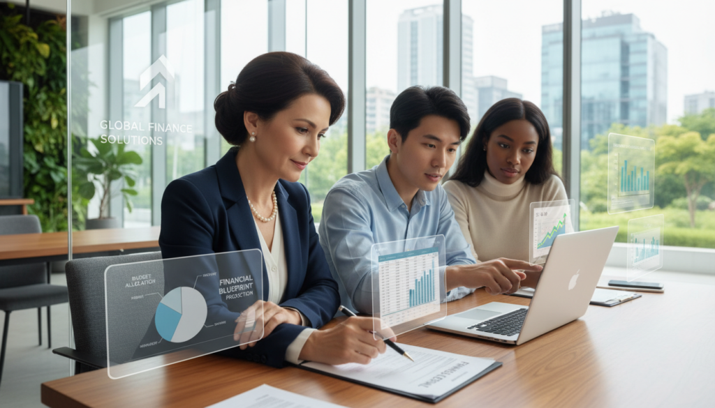 A bright, professional office environment showcasing a diverse group of individuals engaged in discussion about financing goals. In the foreground, a middle-aged woman dressed in smart business attire is examining a financial plan, surrounded by digital charts and graphs illustrating budgeting and loan options. In the middle, two professionals—a young man and a woman—are collaborating over a laptop, with expressions of focus and determination. The background features a large window letting in natural light, with greenery visible outside, creating a sense of openness and collaboration. The atmosphere is one of positivity and teamwork, highlighting the importance of understanding financial objectives in a supportive environment. The composition is well-lit, emphasizing clarity and professionalism, and framed from a slight angle to create depth. A bright, professional office environment showcasing a diverse group of individuals engaged in discussion about financing goals. In the foreground, a middle-aged woman dressed in smart business attire is examining a financial plan, surrounded by digital charts and graphs illustrating budgeting and loan options. In the middle, two professionals—a young man and a woman—are collaborating over a laptop, with expressions of focus and determination. The background features a large window letting in natural light, with greenery visible outside, creating a sense of openness and collaboration. The atmosphere is one of positivity and teamwork, highlighting the importance of understanding financial objectives in a supportive environment. The composition is well-lit, emphasizing clarity and professionalism, and framed from a slight angle to create depth.