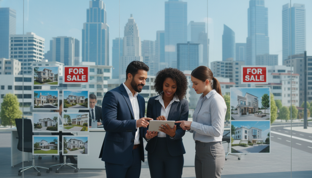 A bustling real estate market scene set in a modern urban environment. In the foreground, a diverse group of three people in professional business attire discussing a home listing, with digital tablets in hand. The middle ground features a real estate office with large glass windows displaying "For Sale" signs and vibrant images of homes. In the background, a city skyline under a clear blue sky, with a few residential properties visible. The lighting is bright and natural, suggesting a sunny day, enhancing the optimistic atmosphere of the real estate market. The angle is slightly elevated, offering a comprehensive view of the scene, while maintaining focus on the engaged group. A bustling real estate market scene set in a modern urban environment. In the foreground, a diverse group of three people in professional business attire discussing a home listing, with digital tablets in hand. The middle ground features a real estate office with large glass windows displaying "For Sale" signs and vibrant images of homes. In the background, a city skyline under a clear blue sky, with a few residential properties visible. The lighting is bright and natural, suggesting a sunny day, enhancing the optimistic atmosphere of the real estate market. The angle is slightly elevated, offering a comprehensive view of the scene, while maintaining focus on the engaged group.