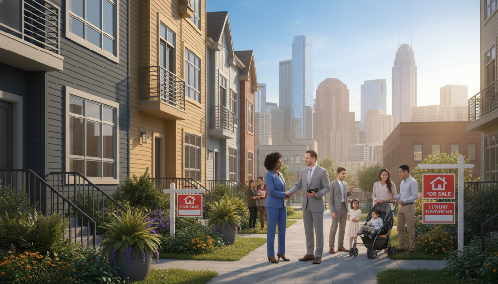 A bustling urban housing market scene depicting a diverse group of people, including a professional couple, a real estate agent in business attire, and a young family, engaging with homes for sale. In the foreground, showcase vibrant, modern townhouses with 'For Sale' signs, lush greenery, and a welcoming atmosphere. The middle ground features an open house event, with people exploring homes and talking to the agent. In the background, depict a skyline of city buildings under a bright blue sky with soft sunlight streaming in, creating a warm, optimistic mood. Use a slightly elevated angle to capture the dynamism of the market, highlighting key features like color, lighting, and urban elements to reflect the essence of the housing market in the USA. A bustling urban housing market scene depicting a diverse group of people, including a professional couple, a real estate agent in business attire, and a young family, engaging with homes for sale. In the foreground, showcase vibrant, modern townhouses with 'For Sale' signs, lush greenery, and a welcoming atmosphere. The middle ground features an open house event, with people exploring homes and talking to the agent. In the background, depict a skyline of city buildings under a bright blue sky with soft sunlight streaming in, creating a warm, optimistic mood. Use a slightly elevated angle to capture the dynamism of the market, highlighting key features like color, lighting, and urban elements to reflect the essence of the housing market in the USA.