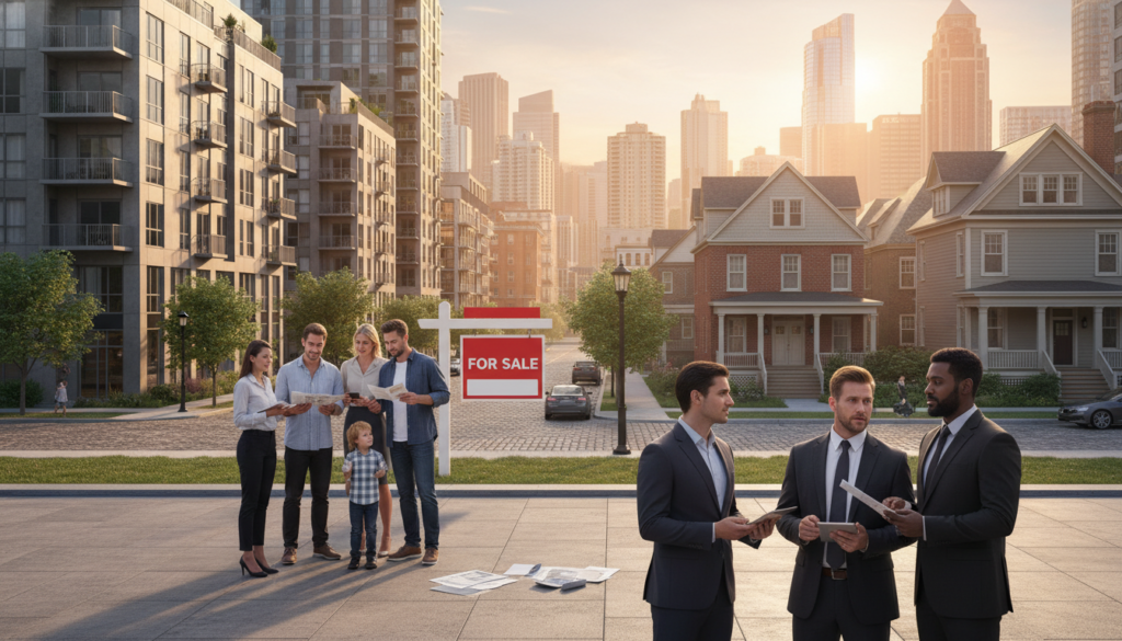 A bustling urban neighborhood showcasing diverse styles of homes, including modern apartments and traditional single-family houses, set against a vibrant skyline during golden hour. In the foreground, a group of professionals in business attire discussing housing trends, with digital tablets and documents in hand. The middle ground features homebuyers looking at property listings, deep in conversation, beside a “For Sale” sign. In the background, a cityscape with skyscrapers and residential buildings, intertwined with greenery and parks. Soft, warm lighting casts a hopeful atmosphere, highlighting the dynamic nature of the real estate market while emphasizing a sense of community and opportunity. Shot with a wide-angle lens for depth and clarity. A bustling urban neighborhood showcasing diverse styles of homes, including modern apartments and traditional single-family houses, set against a vibrant skyline during golden hour. In the foreground, a group of professionals in business attire discussing housing trends, with digital tablets and documents in hand. The middle ground features homebuyers looking at property listings, deep in conversation, beside a “For Sale” sign. In the background, a cityscape with skyscrapers and residential buildings, intertwined with greenery and parks. Soft, warm lighting casts a hopeful atmosphere, highlighting the dynamic nature of the real estate market while emphasizing a sense of community and opportunity. Shot with a wide-angle lens for depth and clarity.