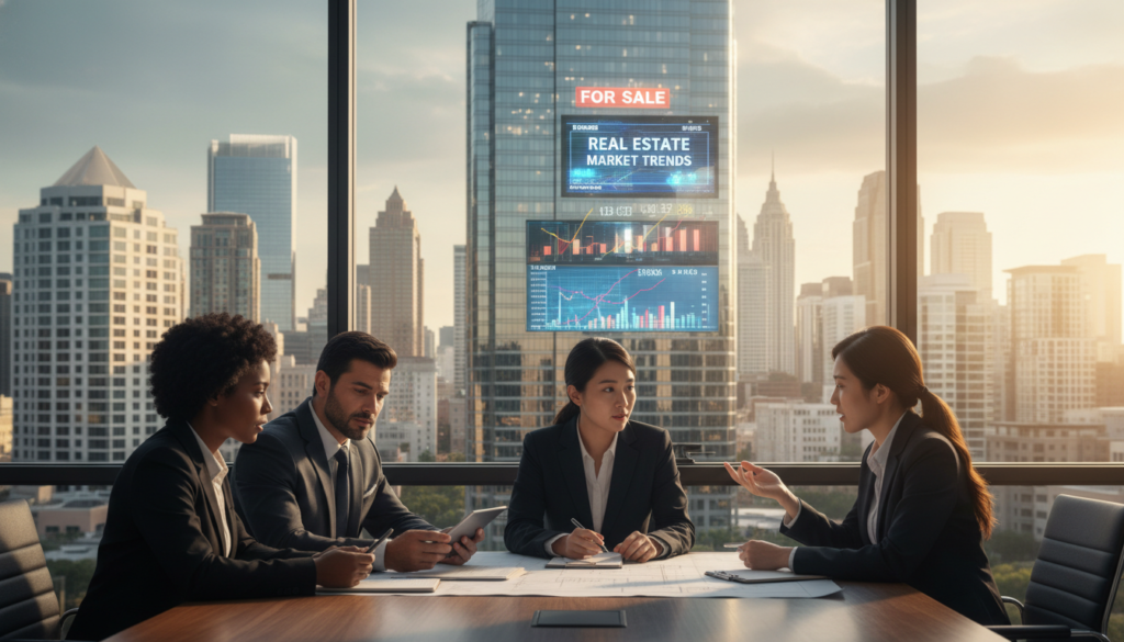 A bustling urban scene representing the real estate market's dynamics. In the foreground, a diverse group of professionals in business attire, including a Black woman holding a tablet, a Hispanic man reviewing documents, and an Asian woman discussing plans, demonstrates collaboration in a modern office setting. In the middle ground, a sleek skyscraper showcases “For Sale” signs and a digital display showcasing real estate pricing trends. The background features a city skyline with both residential buildings and commercial properties reflecting economic growth. Soft natural lighting creates an optimistic atmosphere, with a slight golden hue, symbolizing financial potential. The composition captures both the vibrancy and complexities of the real estate market. A bustling urban scene representing the real estate market's dynamics. In the foreground, a diverse group of professionals in business attire, including a Black woman holding a tablet, a Hispanic man reviewing documents, and an Asian woman discussing plans, demonstrates collaboration in a modern office setting. In the middle ground, a sleek skyscraper showcases “For Sale” signs and a digital display showcasing real estate pricing trends. The background features a city skyline with both residential buildings and commercial properties reflecting economic growth. Soft natural lighting creates an optimistic atmosphere, with a slight golden hue, symbolizing financial potential. The composition captures both the vibrancy and complexities of the real estate market.