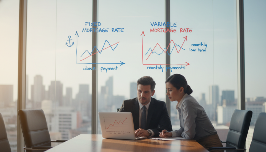 A clean, modern office setting featuring a wooden conference table with a laptop displaying interest rate graphs. In the foreground, two professionals in business attire—one male and one female—are engaged in discussion, looking at the screen with focused expressions. In the middle, a large whiteboard shows simplified illustrations of fixed and variable mortgage rates with arrows and key terms highlighted. The background has a city skyline visible through large windows, with soft sunlight filtering in, creating a bright, welcoming atmosphere. The composition is balanced, with a slight depth of field to keep attention on the professionals and the relevant materials, evoking a sense of clarity and professionalism essential for understanding mortgage options. A clean, modern office setting featuring a wooden conference table with a laptop displaying interest rate graphs. In the foreground, two professionals in business attire—one male and one female—are engaged in discussion, looking at the screen with focused expressions. In the middle, a large whiteboard shows simplified illustrations of fixed and variable mortgage rates with arrows and key terms highlighted. The background has a city skyline visible through large windows, with soft sunlight filtering in, creating a bright, welcoming atmosphere. The composition is balanced, with a slight depth of field to keep attention on the professionals and the relevant materials, evoking a sense of clarity and professionalism essential for understanding mortgage options.