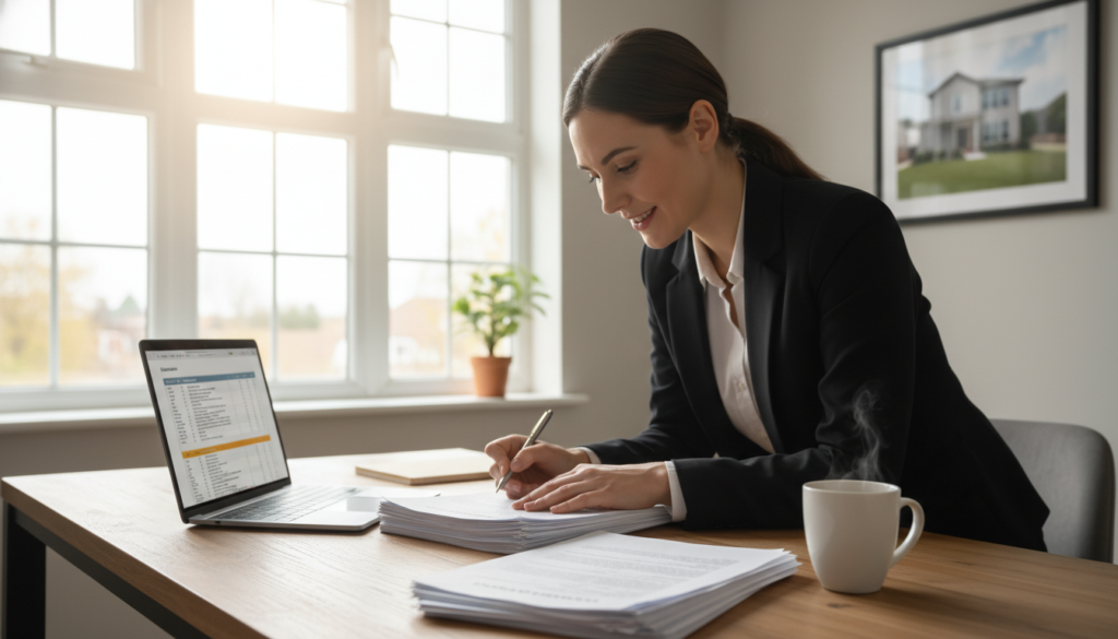 A clean, organized workspace featuring a wooden desk with a stack of neatly arranged documents, including a mortgage application, proof of income, and tax returns. In the foreground, a professional in business attire is intently reviewing the documents with a focused expression, surrounded by a laptop and a cup of coffee. The middle background displays a large, bright window allowing natural light to flood the room, creating a warm and welcoming atmosphere. Soft, diffused lighting enhances the details of the documents, emphasizing the importance of these papers. The background includes house-related items like a framed house picture or a small potted plant, suggesting a home-buying context. The scene conveys a mood of excitement and anticipation, capturing the essence of preparing to buy a new home. A clean, organized workspace featuring a wooden desk with a stack of neatly arranged documents, including a mortgage application, proof of income, and tax returns. In the foreground, a professional in business attire is intently reviewing the documents with a focused expression, surrounded by a laptop and a cup of coffee. The middle background displays a large, bright window allowing natural light to flood the room, creating a warm and welcoming atmosphere. Soft, diffused lighting enhances the details of the documents, emphasizing the importance of these papers. The background includes house-related items like a framed house picture or a small potted plant, suggesting a home-buying context. The scene conveys a mood of excitement and anticipation, capturing the essence of preparing to buy a new home.