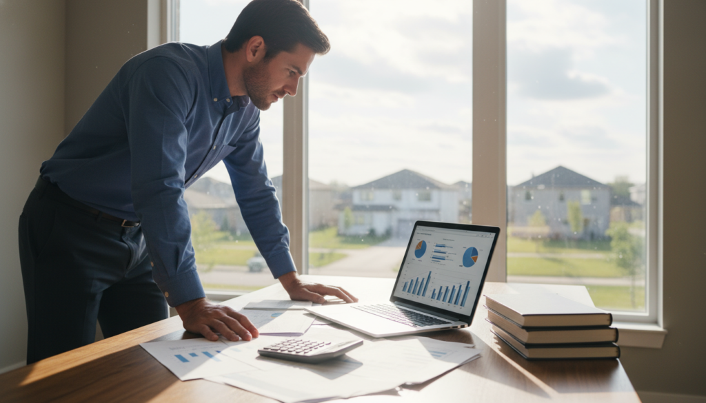 A clear, professional office space focused on property valuation concepts. In the foreground, a wooden desk is adorned with a laptop, documents, and a calculator, signifying active analysis. In the middle, a confident business professional dressed in smart casual attire is examining graphs and charts on the laptop screen, reflecting deep concentration. The background features a large window casting warm, natural light into the room, with a view of suburban homes, illustrating the subject of real estate. The color palette is neutral and calming, evoking an atmosphere of expertise and professionalism. The angle is slightly elevated, providing a comprehensive view of the workspace while emphasizing the importance of data in property valuation. The scene should feel inviting and educational, with no text or distractions. A clear, professional office space focused on property valuation concepts. In the foreground, a wooden desk is adorned with a laptop, documents, and a calculator, signifying active analysis. In the middle, a confident business professional dressed in smart casual attire is examining graphs and charts on the laptop screen, reflecting deep concentration. The background features a large window casting warm, natural light into the room, with a view of suburban homes, illustrating the subject of real estate. The color palette is neutral and calming, evoking an atmosphere of expertise and professionalism. The angle is slightly elevated, providing a comprehensive view of the workspace while emphasizing the importance of data in property valuation. The scene should feel inviting and educational, with no text or distractions.