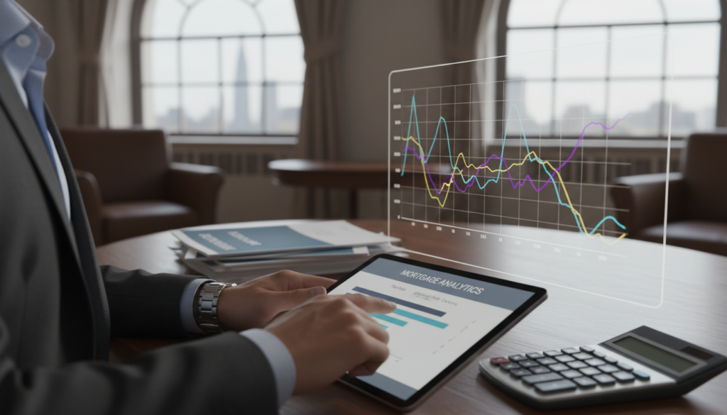 A close-up view of a beautifully designed financial graph illustrating fluctuating interest rates, prominently displayed with vibrant colors that suggest dynamic change. In the foreground, a professional-looking hand interacts with a tablet displaying mortgage-related data, dressed in a smart casual outfit. The middle layer showcases a blurred stack of mortgage brochures and a calculator to imply financial planning, while the background features an elegant office setting with soft natural light streaming through large windows. The atmosphere is informative and engaging, evoking a sense of clarity and understanding about mortgage basics. The image is sharp, captured from a slight overhead angle using a 50mm lens to emphasize detail and depth. A close-up view of a beautifully designed financial graph illustrating fluctuating interest rates, prominently displayed with vibrant colors that suggest dynamic change. In the foreground, a professional-looking hand interacts with a tablet displaying mortgage-related data, dressed in a smart casual outfit. The middle layer showcases a blurred stack of mortgage brochures and a calculator to imply financial planning, while the background features an elegant office setting with soft natural light streaming through large windows. The atmosphere is informative and engaging, evoking a sense of clarity and understanding about mortgage basics. The image is sharp, captured from a slight overhead angle using a 50mm lens to emphasize detail and depth.