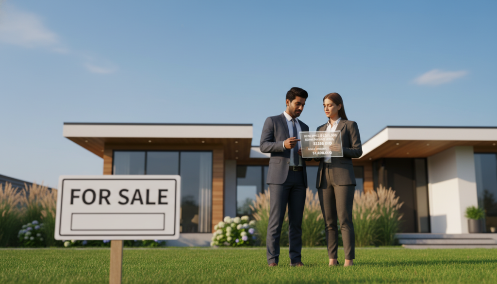 A close-up view of a beautifully designed modern home with a "For Sale" sign prominently displayed in the foreground. In the middle, a diverse couple in professional business attire is discussing with a real estate agent, who gestures towards a transparent clipboard showing home purchase price figures. The background features a well-maintained garden and a clear blue sky, enhancing the appealing aesthetic of the neighborhood. Soft, warm lighting creates a welcoming atmosphere, while a slight depth of field adds a focus on the couple and the agent, indicating the seriousness of the home buying process. The overall mood is hopeful and informative, capturing the essence of understanding home purchase pricing in the context of down payments. A close-up view of a beautifully designed modern home with a "For Sale" sign prominently displayed in the foreground. In the middle, a diverse couple in professional business attire is discussing with a real estate agent, who gestures towards a transparent clipboard showing home purchase price figures. The background features a well-maintained garden and a clear blue sky, enhancing the appealing aesthetic of the neighborhood. Soft, warm lighting creates a welcoming atmosphere, while a slight depth of field adds a focus on the couple and the agent, indicating the seriousness of the home buying process. The overall mood is hopeful and informative, capturing the essence of understanding home purchase pricing in the context of down payments.