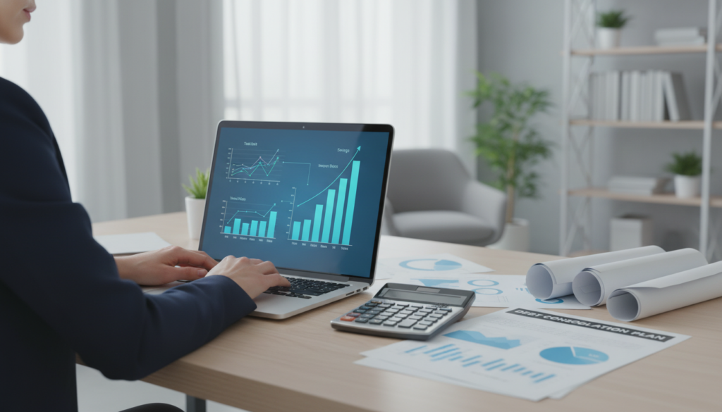A close-up view of a business professional sitting at a clean, modern desk, surrounded by financial documents and charts illustrating debt consolidation strategies. In the foreground, a laptop screen displays interactive graphs depicting reduced debt levels and interest rates. The middle ground features a stack of paperwork labeled "Debt Consolidation" alongside a calculator, symbolizing organization and control over finances. The background showcases a soft, well-lit office environment with neutral tones, promoting a sense of professionalism and calm. The lighting is bright and inviting, emphasizing clarity and focus on financial success. The overall mood conveys empowerment, stability, and understanding of debt management. A close-up view of a business professional sitting at a clean, modern desk, surrounded by financial documents and charts illustrating debt consolidation strategies. In the foreground, a laptop screen displays interactive graphs depicting reduced debt levels and interest rates. The middle ground features a stack of paperwork labeled "Debt Consolidation" alongside a calculator, symbolizing organization and control over finances. The background showcases a soft, well-lit office environment with neutral tones, promoting a sense of professionalism and calm. The lighting is bright and inviting, emphasizing clarity and focus on financial success. The overall mood conveys empowerment, stability, and understanding of debt management.