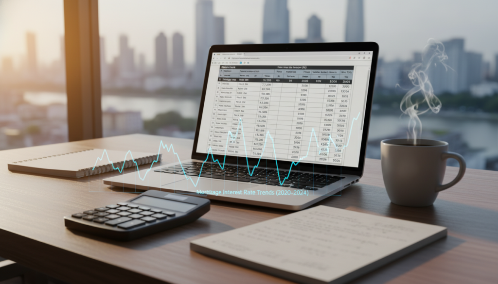 A close-up view of a carefully arranged workspace, featuring a modern wooden desk with a laptop open to a financial spreadsheet displaying mortgage interest rates. In the foreground, a calculator, a notepad with handwritten notes, and a steaming cup of coffee emphasize a serious work atmosphere. In the middle, a semi-transparent overlay of a fluctuating line graph illustrates changes in mortgage interest rates. In the background, a soft-focus image of a city skyline through a window evokes financial ambition. The lighting is warm and inviting, casting gentle shadows, while the lens captures the scene from a slightly elevated angle for a professional yet personal feel. The mood is focused and informative, perfect for illustrating financial concepts. A close-up view of a carefully arranged workspace, featuring a modern wooden desk with a laptop open to a financial spreadsheet displaying mortgage interest rates. In the foreground, a calculator, a notepad with handwritten notes, and a steaming cup of coffee emphasize a serious work atmosphere. In the middle, a semi-transparent overlay of a fluctuating line graph illustrates changes in mortgage interest rates. In the background, a soft-focus image of a city skyline through a window evokes financial ambition. The lighting is warm and inviting, casting gentle shadows, while the lens captures the scene from a slightly elevated angle for a professional yet personal feel. The mood is focused and informative, perfect for illustrating financial concepts.