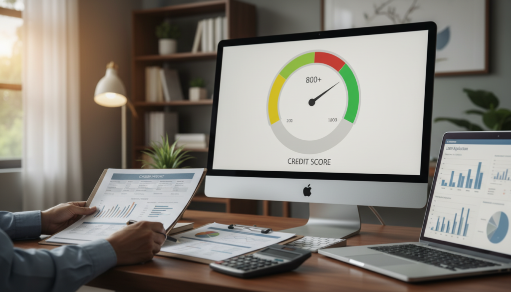 A close-up view of a computer screen displaying a vibrant and colorful digital credit score gauge, nestled on a sleek modern desk. In the foreground, a pair of hands thoughtfully reviews financial documents and a credit report, emphasizing a sense of diligence. In the middle, a stylish calculator and a laptop with financial graphs are visible, highlighting the process of assessing one's financial standing. The background features a cozy office environment with soft, warm lighting filtering through a window, creating an inviting atmosphere. The overall mood is focused and professional, capturing the importance of self-evaluation in preparing for property purchase. A close-up view of a computer screen displaying a vibrant and colorful digital credit score gauge, nestled on a sleek modern desk. In the foreground, a pair of hands thoughtfully reviews financial documents and a credit report, emphasizing a sense of diligence. In the middle, a stylish calculator and a laptop with financial graphs are visible, highlighting the process of assessing one's financial standing. The background features a cozy office environment with soft, warm lighting filtering through a window, creating an inviting atmosphere. The overall mood is focused and professional, capturing the importance of self-evaluation in preparing for property purchase.