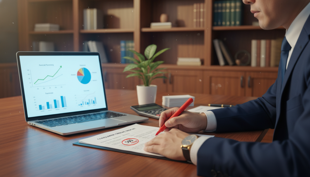A close-up view of a credit report lying on a polished wooden desk, surrounded by financial analysis tools. In the foreground, a professional in business attire is reviewing the report, looking thoughtful and focused. Their hands are on the report, highlighting a score in red, symbolizing the importance of credit history. In the middle ground, there is a laptop displaying financial graphs and charts, with a soft glow from the screen illuminating the scene. The background features a well-organized office, with shelves lined with finance books and a potted plant adding a touch of greenery. The lighting is warm and inviting, creating an atmosphere of diligence and professionalism, emphasizing the serious nature of credit evaluations while maintaining a sense of optimism in financial planning. A close-up view of a credit report lying on a polished wooden desk, surrounded by financial analysis tools. In the foreground, a professional in business attire is reviewing the report, looking thoughtful and focused. Their hands are on the report, highlighting a score in red, symbolizing the importance of credit history. In the middle ground, there is a laptop displaying financial graphs and charts, with a soft glow from the screen illuminating the scene. The background features a well-organized office, with shelves lined with finance books and a potted plant adding a touch of greenery. The lighting is warm and inviting, creating an atmosphere of diligence and professionalism, emphasizing the serious nature of credit evaluations while maintaining a sense of optimism in financial planning.