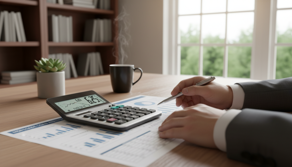 A close-up view of a modern calculator displaying mortgage interest rates and an attractive graph on a wooden desk, in a well-lit, elegant home office. In the foreground, a pair of hands in professional business attire holding a pen, analyzing documents filled with financial charts and graphs relevant to mortgage financing. The middle layer features a soft focus on a desktop plant and a stylish coffee mug, creating a cozy atmosphere. In the background, a bookshelf filled with finance and real estate books, and a window allowing natural light to brighten the scene. The overall mood is professional and informative, reflecting the essence of financial understanding and clarity. A close-up view of a modern calculator displaying mortgage interest rates and an attractive graph on a wooden desk, in a well-lit, elegant home office. In the foreground, a pair of hands in professional business attire holding a pen, analyzing documents filled with financial charts and graphs relevant to mortgage financing. The middle layer features a soft focus on a desktop plant and a stylish coffee mug, creating a cozy atmosphere. In the background, a bookshelf filled with finance and real estate books, and a window allowing natural light to brighten the scene. The overall mood is professional and informative, reflecting the essence of financial understanding and clarity.