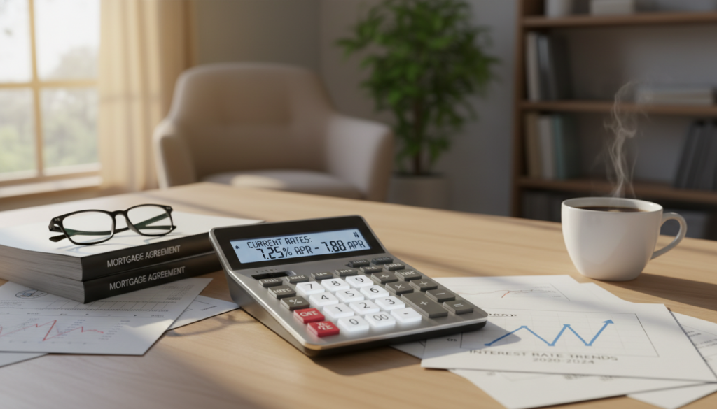 A close-up view of a modern home mortgage interest rate calculator sitting on a wooden desk, surrounded by financial documents and a cup of coffee. In the foreground, the calculator features clear buttons and a digital display showing fluctuating interest rates. The middle layer includes a well-organized array of paperwork, including mortgage agreements and a chart illustrating interest rate trends. The background softly fades into a cozy home office setting with warm lighting coming from a window, casting gentle shadows. The atmosphere is professional yet inviting, conveying a sense of clarity and understanding about mortgage interest. The scene is thoughtfully composed to create an informative and engaging visual narrative. A close-up view of a modern home mortgage interest rate calculator sitting on a wooden desk, surrounded by financial documents and a cup of coffee. In the foreground, the calculator features clear buttons and a digital display showing fluctuating interest rates. The middle layer includes a well-organized array of paperwork, including mortgage agreements and a chart illustrating interest rate trends. The background softly fades into a cozy home office setting with warm lighting coming from a window, casting gentle shadows. The atmosphere is professional yet inviting, conveying a sense of clarity and understanding about mortgage interest. The scene is thoughtfully composed to create an informative and engaging visual narrative.