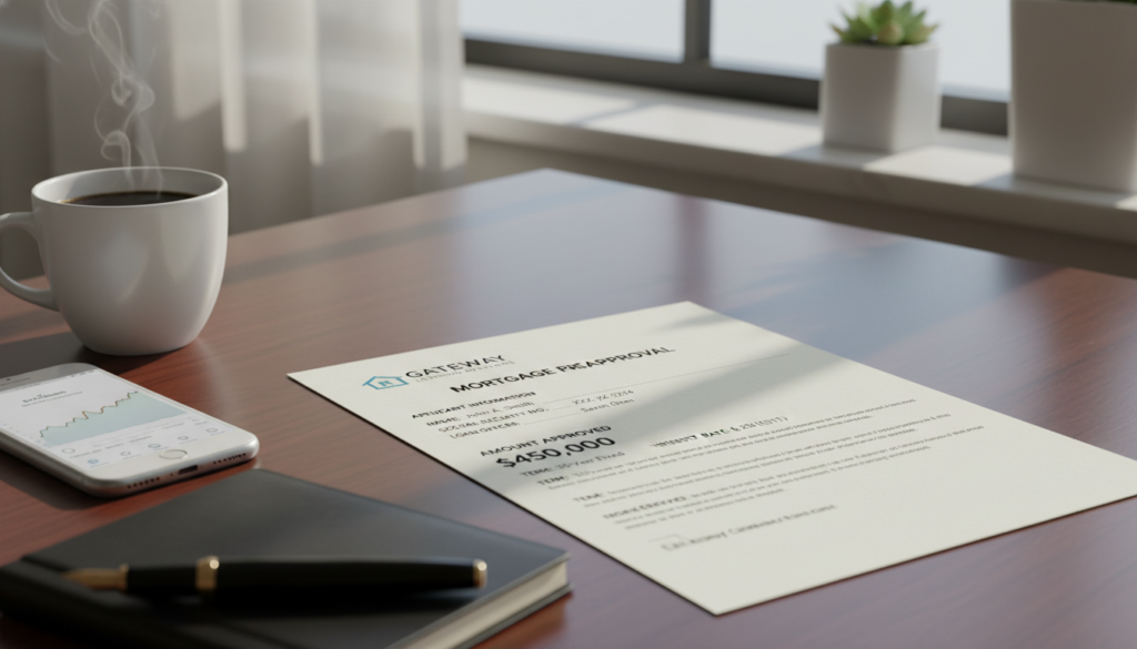 A close-up view of a mortgage preapproval letter lying on a polished wooden desk. The letter is neatly printed on professional letterhead, emphasizing clarity and straightforwardness, with sections visible for “Amount Approved” and “Applicant Information.” In the foreground, a stylish fountain pen rests on the desk, indicating readiness to sign. The middle ground includes a smartphone displaying financial apps and a cup of coffee, reflecting a focused home office atmosphere. In the background, soft natural light streams through a window, casting gentle shadows and creating a warm and inviting mood. The scene conveys professionalism and the initial steps of the mortgage approval process. A close-up view of a mortgage preapproval letter lying on a polished wooden desk. The letter is neatly printed on professional letterhead, emphasizing clarity and straightforwardness, with sections visible for “Amount Approved” and “Applicant Information.” In the foreground, a stylish fountain pen rests on the desk, indicating readiness to sign. The middle ground includes a smartphone displaying financial apps and a cup of coffee, reflecting a focused home office atmosphere. In the background, soft natural light streams through a window, casting gentle shadows and creating a warm and inviting mood. The scene conveys professionalism and the initial steps of the mortgage approval process.