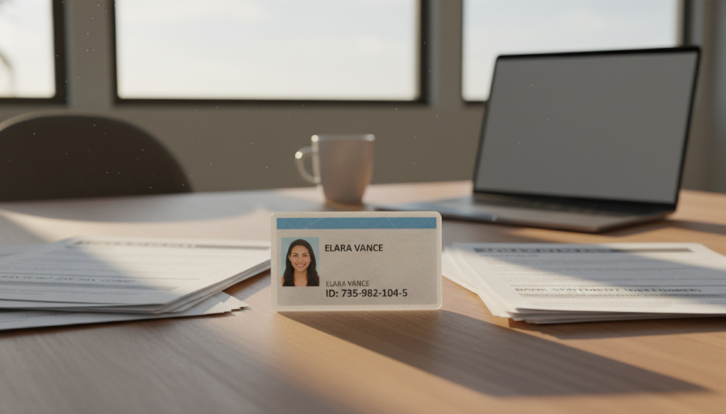 A close-up view of a personal identification document, such as a driver's license or ID card, prominently displayed in the foreground. The card has clear details featuring a name, photograph, and identification number. Surrounding it, a neatly organized set of essential mortgage application documents like tax returns, pay stubs, and bank statements, each slightly blurred for depth, creating a sense of importance. In the background, a well-lit office space with soft, natural light coming through a window, casting gentle shadows that enhance the professional atmosphere. The camera angle is slightly tilted downwards, emphasizing the documents, evoking a mood of clarity and focus, suggesting diligence and preparation for a mortgage application process. A close-up view of a personal identification document, such as a driver's license or ID card, prominently displayed in the foreground. The card has clear details featuring a name, photograph, and identification number. Surrounding it, a neatly organized set of essential mortgage application documents like tax returns, pay stubs, and bank statements, each slightly blurred for depth, creating a sense of importance. In the background, a well-lit office space with soft, natural light coming through a window, casting gentle shadows that enhance the professional atmosphere. The camera angle is slightly tilted downwards, emphasizing the documents, evoking a mood of clarity and focus, suggesting diligence and preparation for a mortgage application process.
