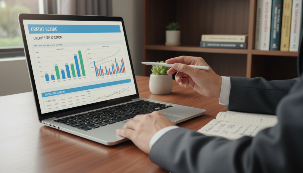 A close-up view of a professional-looking office desk, featuring a laptop displaying a credit report with colorful graphs and figures illustrating credit scores and credit utilization. In the foreground, a pair of hands, dressed in a smart business suit, are reviewing the report with focused intent. The middle layer includes a potted plant and a notepad with scribbled notes, subtly emphasizing organization and preparedness. In the background, a softly lit bookshelf filled with personal finance books creates a warm, inviting atmosphere. The overall lighting is bright and natural, filtered through a large window, suggesting a calm and productive vibe, ideal for understanding one's credit standing. A close-up view of a professional-looking office desk, featuring a laptop displaying a credit report with colorful graphs and figures illustrating credit scores and credit utilization. In the foreground, a pair of hands, dressed in a smart business suit, are reviewing the report with focused intent. The middle layer includes a potted plant and a notepad with scribbled notes, subtly emphasizing organization and preparedness. In the background, a softly lit bookshelf filled with personal finance books creates a warm, inviting atmosphere. The overall lighting is bright and natural, filtered through a large window, suggesting a calm and productive vibe, ideal for understanding one's credit standing.