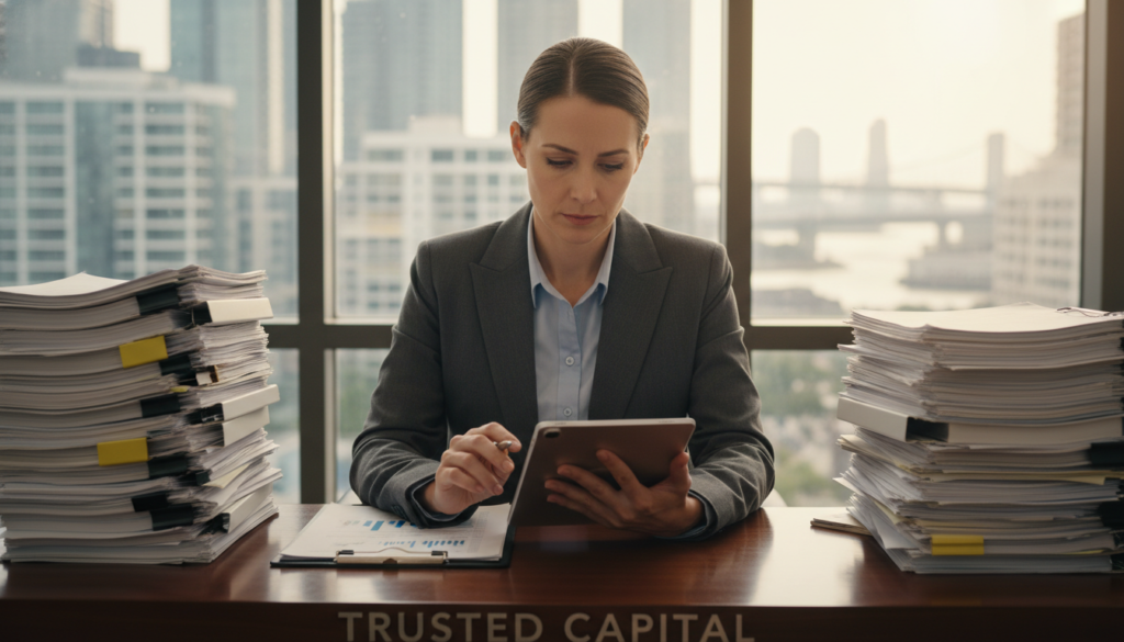 A close-up view of a professional mortgage lender sitting at a sleek, modern desk, surrounded by stacks of papers and financial documents in a well-lit office. The lender, dressed in a tailored business suit, is engaged in reviewing a mortgage application, analyzing charts and figures on a digital tablet. In the background, a large window reveals a city skyline, symbolizing growth and opportunity. Soft, natural light filters in, creating a warm, inviting atmosphere that conveys trust and professionalism. The overall mood is focused and serious, with an emphasis on the meticulous process of mortgage approval, highlighting the importance of diligence and accuracy in the lending process. A close-up view of a professional mortgage lender sitting at a sleek, modern desk, surrounded by stacks of papers and financial documents in a well-lit office. The lender, dressed in a tailored business suit, is engaged in reviewing a mortgage application, analyzing charts and figures on a digital tablet. In the background, a large window reveals a city skyline, symbolizing growth and opportunity. Soft, natural light filters in, creating a warm, inviting atmosphere that conveys trust and professionalism. The overall mood is focused and serious, with an emphasis on the meticulous process of mortgage approval, highlighting the importance of diligence and accuracy in the lending process.