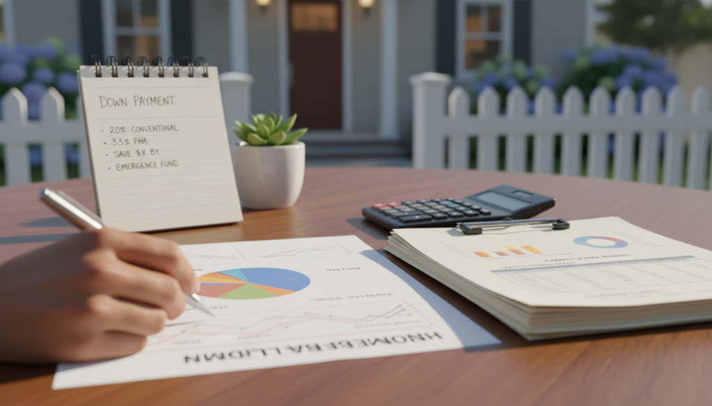 A close-up view of a table displaying essential financial documents for home buying, such as a calculator, a stack of papers with financial metrics, and a notepad with handwritten notes about down payment requirements. In the foreground, a hand holding a pen is poised over a financial chart, symbolizing preparation and assessment. The middle ground features a small potted plant adding a touch of warmth, while the background softly fades to a blurred out home exterior, suggesting the theme of homeownership. The lighting is bright and inviting, with a natural sunlight effect coming from the left, casting soft shadows. The atmosphere is composed and focused, reflecting the importance of financial readiness for first-time homebuyers. A close-up view of a table displaying essential financial documents for home buying, such as a calculator, a stack of papers with financial metrics, and a notepad with handwritten notes about down payment requirements. In the foreground, a hand holding a pen is poised over a financial chart, symbolizing preparation and assessment. The middle ground features a small potted plant adding a touch of warmth, while the background softly fades to a blurred out home exterior, suggesting the theme of homeownership. The lighting is bright and inviting, with a natural sunlight effect coming from the left, casting soft shadows. The atmosphere is composed and focused, reflecting the importance of financial readiness for first-time homebuyers.