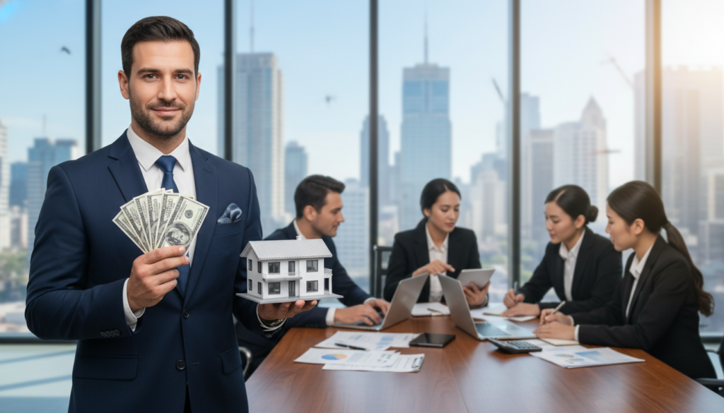 A confident business professional in a tailored suit stands in the foreground, holding a large stack of dollar bills and a house model, symbolizing good debt's role in wealth building. In the middle ground, a diverse group of individuals collaborates around a table filled with financial documents, calculators, and laptops, engaged in serious discussion. The background features a modern office with large windows showing a sunny city skyline, reflecting an atmosphere of success and opportunity. Soft, natural lighting enhances the scene, casting gentle shadows and creating a warm and inviting feel. Use a shallow depth of field to focus on the foreground while softly blurring the background, emphasizing the theme of positive financial growth. A confident business professional in a tailored suit stands in the foreground, holding a large stack of dollar bills and a house model, symbolizing good debt's role in wealth building. In the middle ground, a diverse group of individuals collaborates around a table filled with financial documents, calculators, and laptops, engaged in serious discussion. The background features a modern office with large windows showing a sunny city skyline, reflecting an atmosphere of success and opportunity. Soft, natural lighting enhances the scene, casting gentle shadows and creating a warm and inviting feel. Use a shallow depth of field to focus on the foreground while softly blurring the background, emphasizing the theme of positive financial growth.