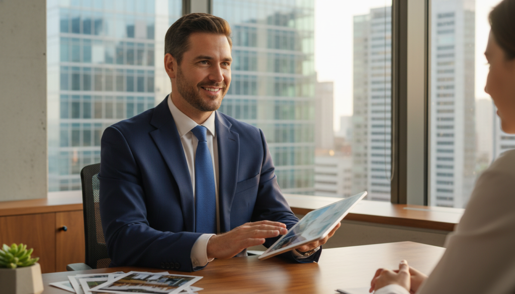 A confident real estate agent stands in an inviting office environment, dressed in a tailored navy suit with a crisp white shirt and a stylish tie. In the foreground, the agent is reviewing property listings on a sleek tablet while smiling at a prospective client. The middle background features a modern desk with property brochures, a small potted plant, and a large window showcasing a vibrant cityscape. The lighting is warm and inviting, highlighting the professionalism and approachability of the agent. The camera angle is slightly above eye level, creating a sense of engagement and perspective. The atmosphere is busy yet organized, reflecting the dynamic nature of the real estate world while emphasizing the agent's role as a knowledgeable guide in the buying and selling process. A confident real estate agent stands in an inviting office environment, dressed in a tailored navy suit with a crisp white shirt and a stylish tie. In the foreground, the agent is reviewing property listings on a sleek tablet while smiling at a prospective client. The middle background features a modern desk with property brochures, a small potted plant, and a large window showcasing a vibrant cityscape. The lighting is warm and inviting, highlighting the professionalism and approachability of the agent. The camera angle is slightly above eye level, creating a sense of engagement and perspective. The atmosphere is busy yet organized, reflecting the dynamic nature of the real estate world while emphasizing the agent's role as a knowledgeable guide in the buying and selling process.