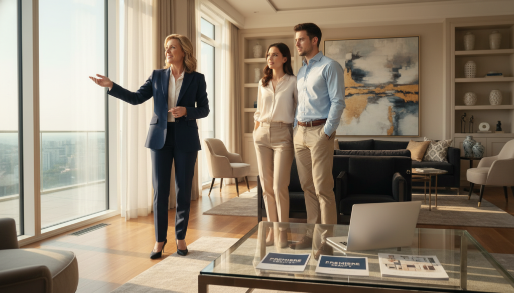 A confident seller agent standing in an upscale home environment, showcasing a well-furnished living room with large windows allowing natural light to stream in, reflecting a warm and inviting atmosphere. The agent, a middle-aged Caucasian woman in a tailored navy blue suit, is engaged in conversation with a young couple, who are dressed in business casual attire, showing interest in the property. In the foreground, a stylish coffee table holds a stack of real estate brochures and a laptop. The background features tasteful artwork and elegant decor, hinting at luxury. The scene is bathed in soft, golden-hour lighting, enhancing the welcoming mood and professionalism, captured from a slightly elevated angle to provide depth. A confident seller agent standing in an upscale home environment, showcasing a well-furnished living room with large windows allowing natural light to stream in, reflecting a warm and inviting atmosphere. The agent, a middle-aged Caucasian woman in a tailored navy blue suit, is engaged in conversation with a young couple, who are dressed in business casual attire, showing interest in the property. In the foreground, a stylish coffee table holds a stack of real estate brochures and a laptop. The background features tasteful artwork and elegant decor, hinting at luxury. The scene is bathed in soft, golden-hour lighting, enhancing the welcoming mood and professionalism, captured from a slightly elevated angle to provide depth.