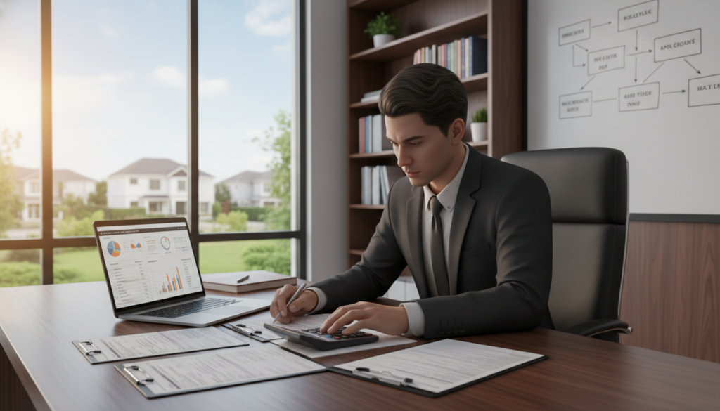 A corporate office setting showcasing the concept of mortgage loans. In the foreground, a professional business person, dressed in a smart suit, is examining documents and calculations on a sleek, modern desk cluttered with mortgage papers, a calculator, and a laptop displaying graphs. In the middle, a large window reveals a bright, sunny day outside, with views of suburban homes, symbolizing potential homeownership. The background features bookshelves filled with finance literature and a whiteboard with flowcharts illustrating mortgage processes. The lighting is warm and inviting, creating a sense of hope and opportunity. The composition reflects a serious yet positive atmosphere, suitable for an informative article on home loans. A corporate office setting showcasing the concept of mortgage loans. In the foreground, a professional business person, dressed in a smart suit, is examining documents and calculations on a sleek, modern desk cluttered with mortgage papers, a calculator, and a laptop displaying graphs. In the middle, a large window reveals a bright, sunny day outside, with views of suburban homes, symbolizing potential homeownership. The background features bookshelves filled with finance literature and a whiteboard with flowcharts illustrating mortgage processes. The lighting is warm and inviting, creating a sense of hope and opportunity. The composition reflects a serious yet positive atmosphere, suitable for an informative article on home loans.