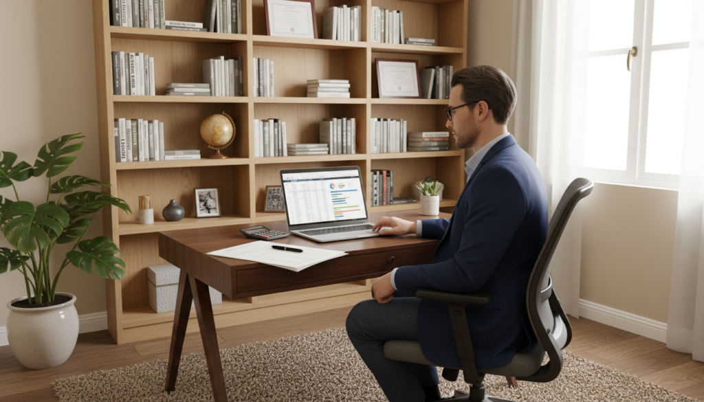 A cozy and inviting home office space, designed for assessing financial readiness. In the foreground, a polished wooden desk with a laptop displaying financial spreadsheets, a calculator, and a notepad with handwritten notes. To the left, a potted plant adds a touch of greenery. The middle ground features a comfortable chair where a professional individual in business attire sits, focused on the laptop. Soft, natural light streams through a window in the background, illuminating the room's warm color palette of soft beige and light browns. A bookshelf filled with financial books and property guides is visible on the wall, enhancing the atmosphere of careful planning and preparation. The scene conveys a calm and studious mood, perfect for thoughtful decision-making. A cozy and inviting home office space, designed for assessing financial readiness. In the foreground, a polished wooden desk with a laptop displaying financial spreadsheets, a calculator, and a notepad with handwritten notes. To the left, a potted plant adds a touch of greenery. The middle ground features a comfortable chair where a professional individual in business attire sits, focused on the laptop. Soft, natural light streams through a window in the background, illuminating the room's warm color palette of soft beige and light browns. A bookshelf filled with financial books and property guides is visible on the wall, enhancing the atmosphere of careful planning and preparation. The scene conveys a calm and studious mood, perfect for thoughtful decision-making.