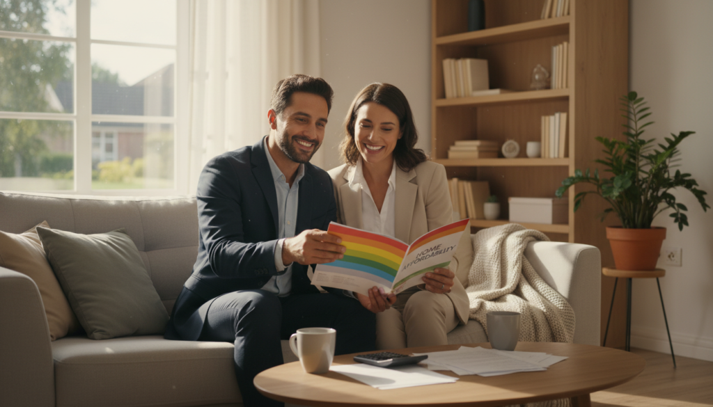 A cozy and inviting living room scene that embodies the concept of home affordability for first-time buyers. In the foreground, a couple in professional business attire, looking optimistic and engaged, examine a colorful brochure titled “Home Affordability.” In the middle ground, a stylish but modestly furnished space with a comfortable sofa, a small coffee table with a calculator and notes, and a large window letting in warm, natural light. The background features an organized bookshelf filled with home-related books and a potted plant that adds a touch of greenery. The overall atmosphere is warm and hopeful, evoking a sense of possibility and new beginnings in the home-buying journey. Soft lighting enhances the feeling of comfort and security, capturing the essence of home affordability. A cozy and inviting living room scene that embodies the concept of home affordability for first-time buyers. In the foreground, a couple in professional business attire, looking optimistic and engaged, examine a colorful brochure titled “Home Affordability.” In the middle ground, a stylish but modestly furnished space with a comfortable sofa, a small coffee table with a calculator and notes, and a large window letting in warm, natural light. The background features an organized bookshelf filled with home-related books and a potted plant that adds a touch of greenery. The overall atmosphere is warm and hopeful, evoking a sense of possibility and new beginnings in the home-buying journey. Soft lighting enhances the feeling of comfort and security, capturing the essence of home affordability.