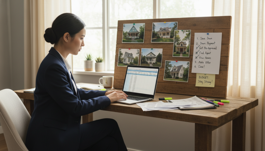 A cozy home office scene, depicting a thoughtful first-time homebuyer working on establishing their budget. In the foreground, a woman in professional business attire sits at a wooden desk with a laptop, surrounded by documents and a scatter of colored pens. In the middle ground, a large corkboard displays images of houses and a checklist pinned on it, symbolizing the home buying process. The background features a large window with soft natural light filtering through sheer curtains, illuminating the room and creating a warm atmosphere. The overall mood is focused and organized, reflecting the careful considerations of budgeting for a new home. The angle is a slightly elevated view, capturing both the desk and the inspiring decor of the room. A cozy home office scene, depicting a thoughtful first-time homebuyer working on establishing their budget. In the foreground, a woman in professional business attire sits at a wooden desk with a laptop, surrounded by documents and a scatter of colored pens. In the middle ground, a large corkboard displays images of houses and a checklist pinned on it, symbolizing the home buying process. The background features a large window with soft natural light filtering through sheer curtains, illuminating the room and creating a warm atmosphere. The overall mood is focused and organized, reflecting the careful considerations of budgeting for a new home. The angle is a slightly elevated view, capturing both the desk and the inspiring decor of the room.