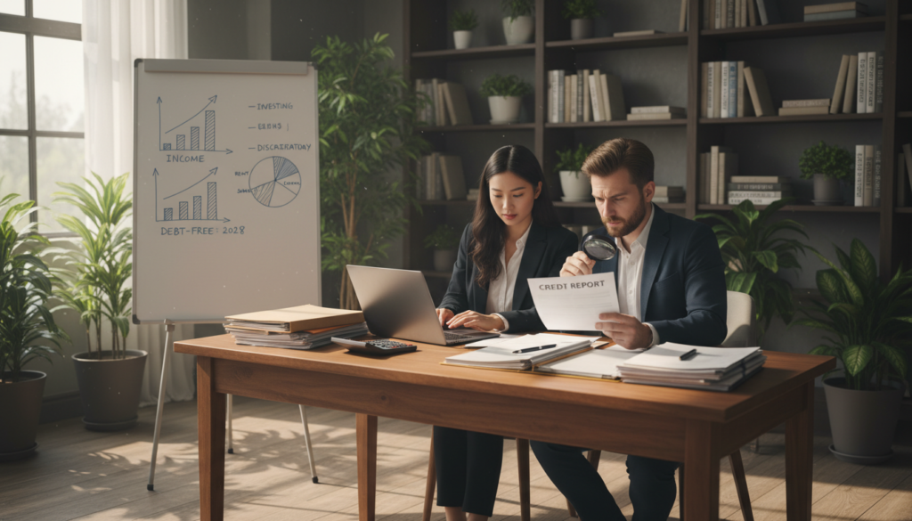 A cozy home office scene illustrating the process of assessing credit score and income. In the foreground, a diverse young couple in professional business attire sits at a large wooden desk cluttered with financial documents, a laptop, and a calculator. The woman is typing while the man reviews a credit report with a focused expression. In the middle, a whiteboard with financial charts and graphs outlines their financial goals. In the background, a warm-lit room features houseplants and a bookshelf filled with finance books, creating a welcoming atmosphere. The soft, natural light from a window casts gentle shadows, enhancing the mood of productive collaboration and financial empowerment. A cozy home office scene illustrating the process of assessing credit score and income. In the foreground, a diverse young couple in professional business attire sits at a large wooden desk cluttered with financial documents, a laptop, and a calculator. The woman is typing while the man reviews a credit report with a focused expression. In the middle, a whiteboard with financial charts and graphs outlines their financial goals. In the background, a warm-lit room features houseplants and a bookshelf filled with finance books, creating a welcoming atmosphere. The soft, natural light from a window casts gentle shadows, enhancing the mood of productive collaboration and financial empowerment.