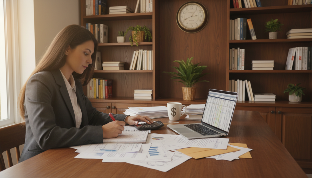 A cozy home office scene showcasing a person (dressed in professional business attire) sitting at a desk, actively reviewing financial documents. The foreground features a laptop with spreadsheets open and a notepad filled with calculations. On the desk, there are stacks of bills, a calculator, and a coffee mug, adding a personal touch. In the middle, a wall clock indicates that it's early morning, bringing a sense of productivity. In the background, a bookshelf filled with personal finance books and potted plants creates a warm atmosphere. Soft, natural lighting pours in through a window, illuminating the workspace, while a calm, focused mood invites viewers to engage in financial assessment and planning. A cozy home office scene showcasing a person (dressed in professional business attire) sitting at a desk, actively reviewing financial documents. The foreground features a laptop with spreadsheets open and a notepad filled with calculations. On the desk, there are stacks of bills, a calculator, and a coffee mug, adding a personal touch. In the middle, a wall clock indicates that it's early morning, bringing a sense of productivity. In the background, a bookshelf filled with personal finance books and potted plants creates a warm atmosphere. Soft, natural lighting pours in through a window, illuminating the workspace, while a calm, focused mood invites viewers to engage in financial assessment and planning.