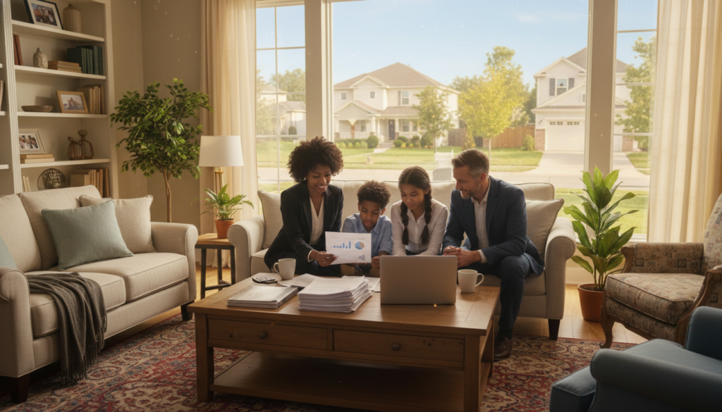 A cozy, inviting living room setting that symbolizes the concept of conventional loans in the USA. In the foreground, a diverse family of four, dressed in professional business attire, is closely examining a stack of documents and a laptop on a coffee table, showcasing the process of home buying. In the middle ground, a welcoming home interior with a tasteful mix of modern and traditional decor, featuring houseplants and warm lighting from large windows. In the background, a view of a suburban neighborhood through the window, with well-kept houses and lush greenery, providing a sense of community and stability. The overall atmosphere is warm, hopeful, and encouraging, capturing the essence of home ownership and financial stability. A cozy, inviting living room setting that symbolizes the concept of conventional loans in the USA. In the foreground, a diverse family of four, dressed in professional business attire, is closely examining a stack of documents and a laptop on a coffee table, showcasing the process of home buying. In the middle ground, a welcoming home interior with a tasteful mix of modern and traditional decor, featuring houseplants and warm lighting from large windows. In the background, a view of a suburban neighborhood through the window, with well-kept houses and lush greenery, providing a sense of community and stability. The overall atmosphere is warm, hopeful, and encouraging, capturing the essence of home ownership and financial stability.