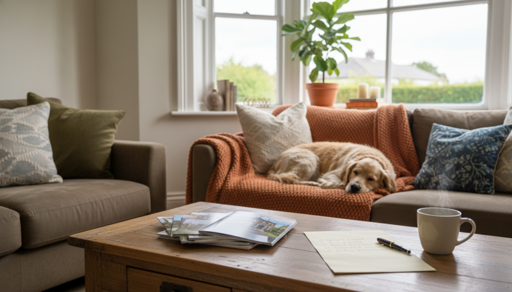 A cozy living room scene that encapsulates the concept of "home needs and wants." In the foreground, a stylish coffee table is adorned with property brochures and a checklist highlighting features like spaciousness, a garden, and proximity to schools. The middle ground features a comfortable sofa with a warm throw blanket and decorative pillows, set in a welcoming atmosphere. In the background, a bright window allows natural light to stream in, illuminating a house plant on the windowsill, symbolizing comfort and growth. The color palette is earthy and inviting, with soft lighting to evoke a sense of calm. The perspective is slightly angled to create depth, and the overall mood is one of warmth and aspiration for finding the perfect home. A cozy living room scene that encapsulates the concept of "home needs and wants." In the foreground, a stylish coffee table is adorned with property brochures and a checklist highlighting features like spaciousness, a garden, and proximity to schools. The middle ground features a comfortable sofa with a warm throw blanket and decorative pillows, set in a welcoming atmosphere. In the background, a bright window allows natural light to stream in, illuminating a house plant on the windowsill, symbolizing comfort and growth. The color palette is earthy and inviting, with soft lighting to evoke a sense of calm. The perspective is slightly angled to create depth, and the overall mood is one of warmth and aspiration for finding the perfect home.
