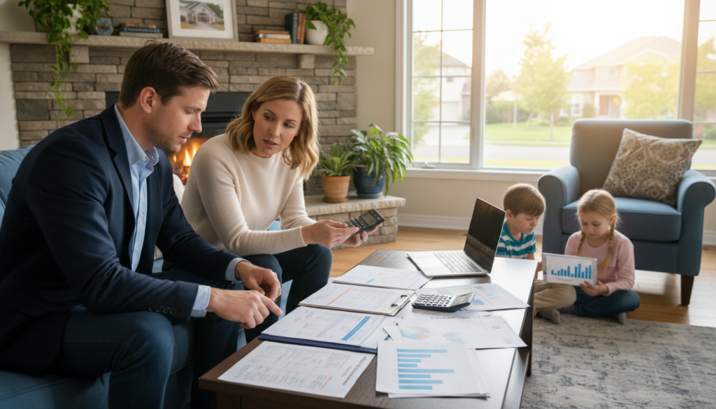 A cozy living room setting featuring a family gathered around a coffee table with mortgage documents spread out, symbolizing the basics of mortgage loans. In the foreground, a man and woman in business casual attire discuss options thoughtfully, with a calculator and a laptop nearby. The middle ground shows a welcoming fireplace with house plant decor, while the background showcases a large window revealing a sunny suburban neighborhood outside. Soft, warm lighting creates an inviting atmosphere, and the angle captures the family’s focused expressions on understanding home financing. A sense of collaborative learning and comfort permeates the scene, illustrating the core concepts of mortgage basics elegantly. A cozy living room setting featuring a family gathered around a coffee table with mortgage documents spread out, symbolizing the basics of mortgage loans. In the foreground, a man and woman in business casual attire discuss options thoughtfully, with a calculator and a laptop nearby. The middle ground shows a welcoming fireplace with house plant decor, while the background showcases a large window revealing a sunny suburban neighborhood outside. Soft, warm lighting creates an inviting atmosphere, and the angle captures the family’s focused expressions on understanding home financing. A sense of collaborative learning and comfort permeates the scene, illustrating the core concepts of mortgage basics elegantly.