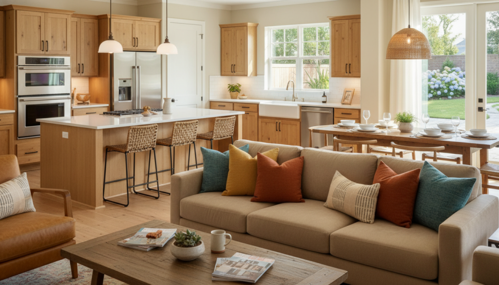 A cozy living room showcasing must-have home features for buyers in the USA. In the foreground, a stylish sofa with colorful throw pillows and a coffee table adorned with home magazines. In the middle, a spacious kitchen featuring modern appliances, a large island with bar stools, and natural wood cabinets. To the right, a warm dining area with a wooden table set for a meal. In the background, a well-lit window reveals a landscaped garden, providing an inviting atmosphere. Soft, natural lighting enhances the serene mood, with warm tones dominating the color palette. Capture this scene from a slightly elevated angle to emphasize the flow of space and design harmony, while ensuring a welcoming, homely feel. A cozy living room showcasing must-have home features for buyers in the USA. In the foreground, a stylish sofa with colorful throw pillows and a coffee table adorned with home magazines. In the middle, a spacious kitchen featuring modern appliances, a large island with bar stools, and natural wood cabinets. To the right, a warm dining area with a wooden table set for a meal. In the background, a well-lit window reveals a landscaped garden, providing an inviting atmosphere. Soft, natural lighting enhances the serene mood, with warm tones dominating the color palette. Capture this scene from a slightly elevated angle to emphasize the flow of space and design harmony, while ensuring a welcoming, homely feel.