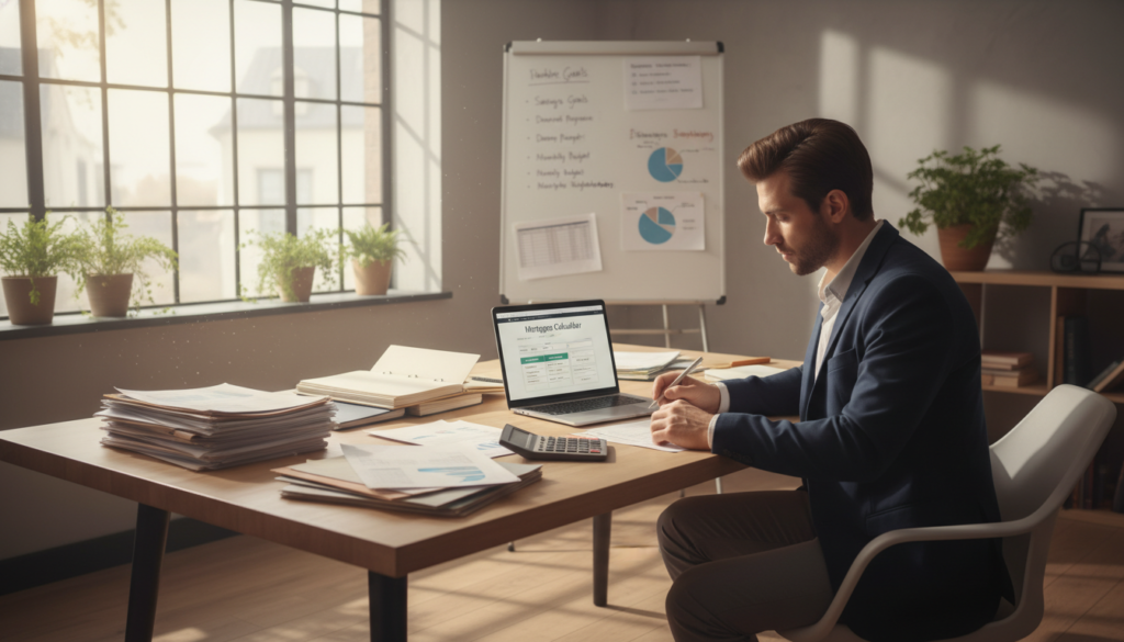 A cozy, modern home office setting in a warm, inviting atmosphere. In the foreground, a desk cluttered with financial documents, a calculator, and a laptop showing a mortgage calculator webpage. A person in professional business attire, engaged in reviewing paperwork, their expression focused and determined. In the middle ground, a whiteboard filled with budget plans and savings goals. The background features a large window allowing natural light to stream in, illuminating the space and creating a sense of optimism. Soft shadows add depth, and the lens captures the scene at a slightly elevated angle to emphasize both the desk and the window, enhancing the feeling of preparation and hope for homeownership. A cozy, modern home office setting in a warm, inviting atmosphere. In the foreground, a desk cluttered with financial documents, a calculator, and a laptop showing a mortgage calculator webpage. A person in professional business attire, engaged in reviewing paperwork, their expression focused and determined. In the middle ground, a whiteboard filled with budget plans and savings goals. The background features a large window allowing natural light to stream in, illuminating the space and creating a sense of optimism. Soft shadows add depth, and the lens captures the scene at a slightly elevated angle to emphasize both the desk and the window, enhancing the feeling of preparation and hope for homeownership.