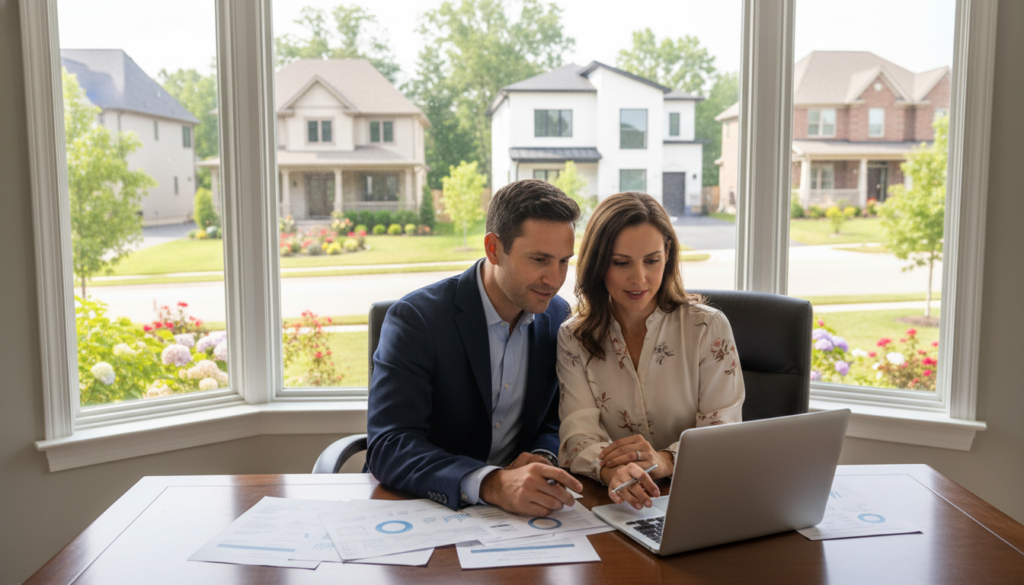 A cozy, modern home office setting is depicted in the foreground, featuring a professional couple, a man in a smart blazer and a woman in a chic blouse, reviewing documents and using a laptop together at a polished wooden desk. In the middle ground, a large window reveals a sunny suburban neighborhood with various homes in different architectural styles, symbolizing diverse options in the home search process. The background expands into a tranquil street with green trees and vibrant flowers, enhancing the inviting atmosphere. Soft, natural light streams in through the window, illuminating the scene and creating a warm, optimistic mood, encouraging a sense of excitement and anticipation in the home-buying journey. A cozy, modern home office setting is depicted in the foreground, featuring a professional couple, a man in a smart blazer and a woman in a chic blouse, reviewing documents and using a laptop together at a polished wooden desk. In the middle ground, a large window reveals a sunny suburban neighborhood with various homes in different architectural styles, symbolizing diverse options in the home search process. The background expands into a tranquil street with green trees and vibrant flowers, enhancing the inviting atmosphere. Soft, natural light streams in through the window, illuminating the scene and creating a warm, optimistic mood, encouraging a sense of excitement and anticipation in the home-buying journey.