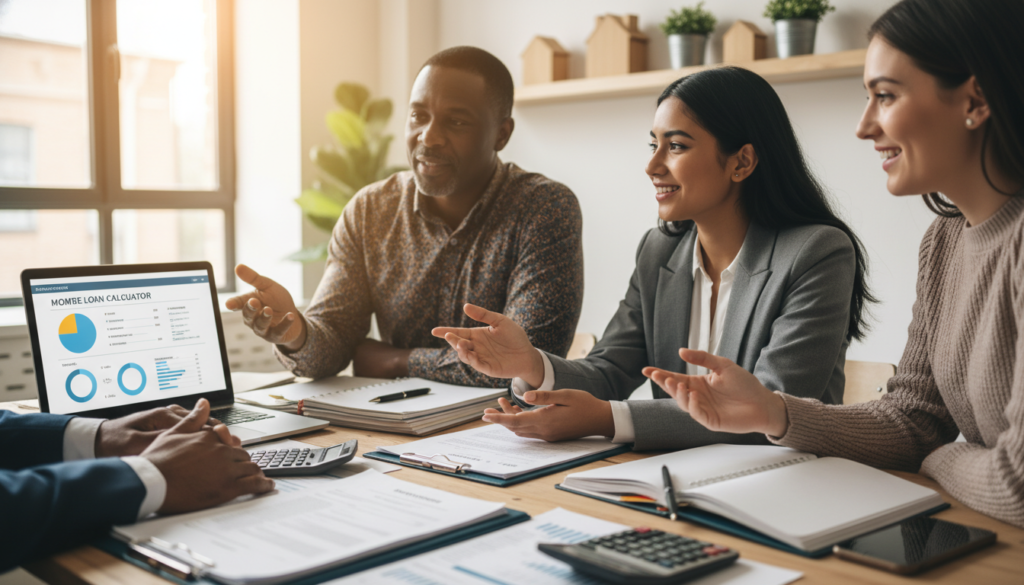 A cozy office setting featuring a diverse group of three professional individuals discussing home financing options over a table stacked with mortgage documents and calculators. In the foreground, there are hands pointing to figures on a laptop screen displaying a home loan calculator. The middle section includes the three individuals: a middle-aged Black man, a young South Asian woman, and a Caucasian woman in their 30s, all dressed in smart casual attire, engaged in a focused conversation. The background illustrates a warm, inviting environment with soft lighting, a large window allowing natural light to flow in, and house-shaped décor items. The atmosphere conveys optimism and collaboration, reflecting the excitement and importance of understanding home financing. The angle captures both the individuals and the document details prominently while ensuring a professional setting. A cozy office setting featuring a diverse group of three professional individuals discussing home financing options over a table stacked with mortgage documents and calculators. In the foreground, there are hands pointing to figures on a laptop screen displaying a home loan calculator. The middle section includes the three individuals: a middle-aged Black man, a young South Asian woman, and a Caucasian woman in their 30s, all dressed in smart casual attire, engaged in a focused conversation. The background illustrates a warm, inviting environment with soft lighting, a large window allowing natural light to flow in, and house-shaped décor items. The atmosphere conveys optimism and collaboration, reflecting the excitement and importance of understanding home financing. The angle captures both the individuals and the document details prominently while ensuring a professional setting.