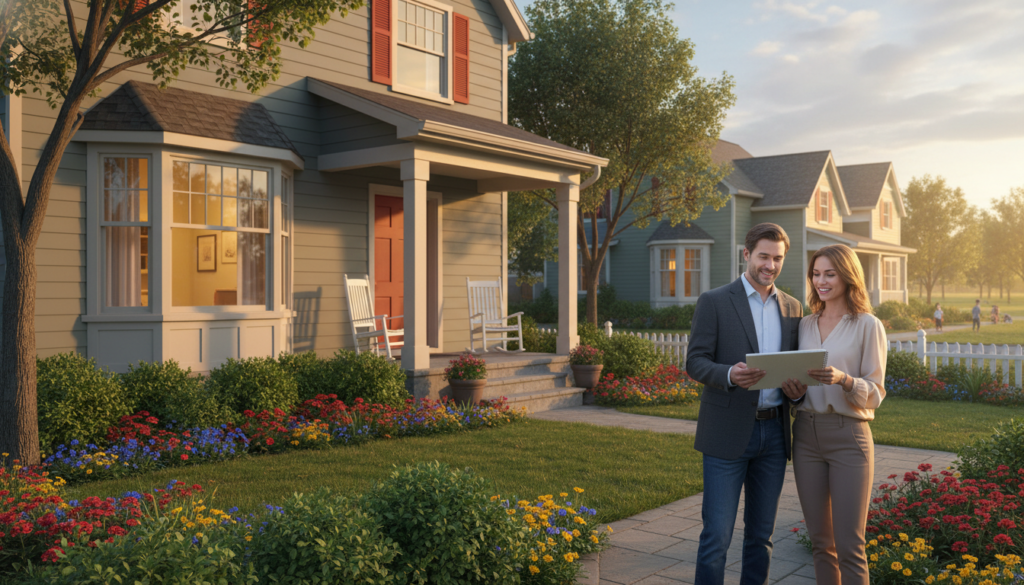 A cozy suburban home set in a vibrant neighborhood, showcasing a well-manicured front yard with blooming flowers and a welcoming pathway. In the foreground, a pair of professional individuals, dressed in smart casual attire, are discussing their plans with a notebook in hand, exuding optimism. In the middle ground, the charming house features a front porch, large windows, and soft, warm lighting that suggests early morning or late afternoon. The background captures a tree-lined street with cheerful houses, creating a sense of community. The scene conveys a hopeful and inviting atmosphere, highlighting the excitement and anticipation of preparing to buy a house. The image should be bright and clear, with a focus on natural lighting, capturing the essence of a new beginning. A cozy suburban home set in a vibrant neighborhood, showcasing a well-manicured front yard with blooming flowers and a welcoming pathway. In the foreground, a pair of professional individuals, dressed in smart casual attire, are discussing their plans with a notebook in hand, exuding optimism. In the middle ground, the charming house features a front porch, large windows, and soft, warm lighting that suggests early morning or late afternoon. The background captures a tree-lined street with cheerful houses, creating a sense of community. The scene conveys a hopeful and inviting atmosphere, highlighting the excitement and anticipation of preparing to buy a house. The image should be bright and clear, with a focus on natural lighting, capturing the essence of a new beginning.