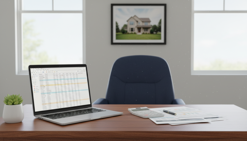 A cozy, well-lit home office setup that symbolizes financial readiness. In the foreground, a neatly organized wooden desk features a laptop open to a spreadsheet, a calculator, and financial documents, emphasizing planning and assessment. A potted plant adds a touch of vibrancy. In the middle ground, a comfortable chair faces the desk, and a framed picture of a family home hangs on the wall, representing dreams of homeownership. The background shows a window with natural light streaming in, illuminating the space and creating a warm atmosphere. The mood is focused and positive, suggesting preparedness and hope for future homebuyers. Maintain a professional feel, with no clutter visible. A cozy, well-lit home office setup that symbolizes financial readiness. In the foreground, a neatly organized wooden desk features a laptop open to a spreadsheet, a calculator, and financial documents, emphasizing planning and assessment. A potted plant adds a touch of vibrancy. In the middle ground, a comfortable chair faces the desk, and a framed picture of a family home hangs on the wall, representing dreams of homeownership. The background shows a window with natural light streaming in, illuminating the space and creating a warm atmosphere. The mood is focused and positive, suggesting preparedness and hope for future homebuyers. Maintain a professional feel, with no clutter visible.