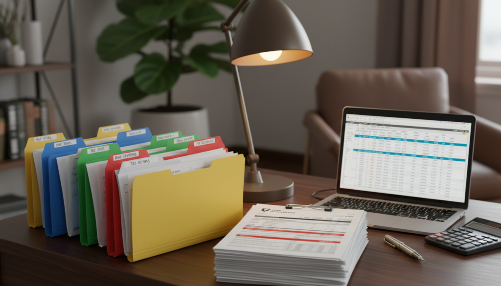 A detailed arrangement of income verification documents spread across a wooden desk, featuring pay stubs, bank statements, and tax returns, all organized in colorful file folders. In the foreground, a neatly stacked pile of documents with visible figures and professional presentation. The middle ground includes a laptop open with a financial spreadsheet visible, a calculator, and a pen for a realistic office setting. The background is softly blurred, showcasing an elegant home office with warm lighting and a potted plant for a touch of greenery. The mood is professional and polished, ideal for a loan preparation context, with a well-composed balance of clarity and depth, emphasizing importance and organization in the process. A detailed arrangement of income verification documents spread across a wooden desk, featuring pay stubs, bank statements, and tax returns, all organized in colorful file folders. In the foreground, a neatly stacked pile of documents with visible figures and professional presentation. The middle ground includes a laptop open with a financial spreadsheet visible, a calculator, and a pen for a realistic office setting. The background is softly blurred, showcasing an elegant home office with warm lighting and a potted plant for a touch of greenery. The mood is professional and polished, ideal for a loan preparation context, with a well-composed balance of clarity and depth, emphasizing importance and organization in the process.