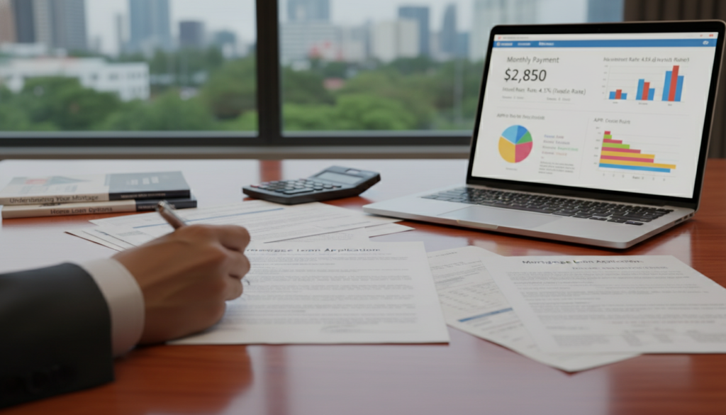 A detailed close-up of a mortgage loan application document on a polished wooden desk, surrounded by scattered financial documents and a calculator. In the foreground, a hand in a formal business attire is holding a pen, poised to sign the application. In the middle, an open laptop displays a digital mortgage calculator, with graphs and figures visible on the screen. The background features a softly blurred office environment with a large window allowing natural light to illuminate the scene, creating a warm and inviting atmosphere. The overall mood should convey professionalism and clarity, emphasizing the importance of understanding different types of mortgages. Use soft, diffused lighting to enhance the inviting ambiance. A detailed close-up of a mortgage loan application document on a polished wooden desk, surrounded by scattered financial documents and a calculator. In the foreground, a hand in a formal business attire is holding a pen, poised to sign the application. In the middle, an open laptop displays a digital mortgage calculator, with graphs and figures visible on the screen. The background features a softly blurred office environment with a large window allowing natural light to illuminate the scene, creating a warm and inviting atmosphere. The overall mood should convey professionalism and clarity, emphasizing the importance of understanding different types of mortgages. Use soft, diffused lighting to enhance the inviting ambiance.
