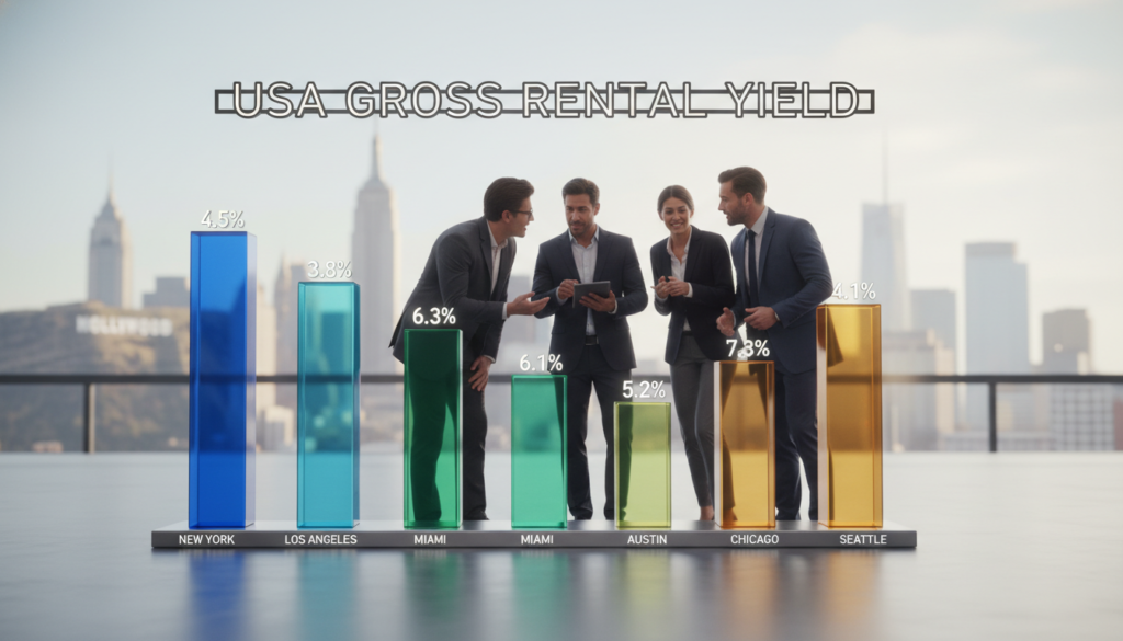 A detailed, high-resolution image showcasing a stylized bar graph representing gross rental yield in various cities across the USA. In the foreground, a prominent, sleek bar chart with vibrant colors clearly indicating different percentages of rental yields. The middle ground features professional business people in smart casual attire analyzing the chart, discussing investment opportunities with focused expressions. In the background, a skyline of recognizable American cities like New York, Los Angeles, and Chicago, subtly blurred to maintain focus on the graph. Soft natural lighting illuminates the scene, suggesting a bright, optimistic atmosphere. A wide-angle lens captures the expansive view, enhancing depth while keeping the graph and people as focal points. A detailed, high-resolution image showcasing a stylized bar graph representing gross rental yield in various cities across the USA. In the foreground, a prominent, sleek bar chart with vibrant colors clearly indicating different percentages of rental yields. The middle ground features professional business people in smart casual attire analyzing the chart, discussing investment opportunities with focused expressions. In the background, a skyline of recognizable American cities like New York, Los Angeles, and Chicago, subtly blurred to maintain focus on the graph. Soft natural lighting illuminates the scene, suggesting a bright, optimistic atmosphere. A wide-angle lens captures the expansive view, enhancing depth while keeping the graph and people as focal points.